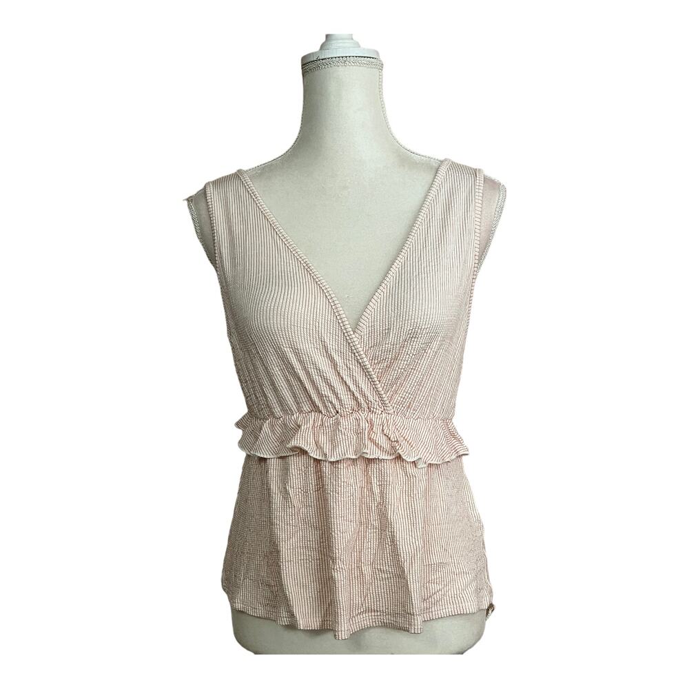 Caution To The Wind Striped Pink Peplum V Neck Wrap Knit Blouse Sz m ruffle hem